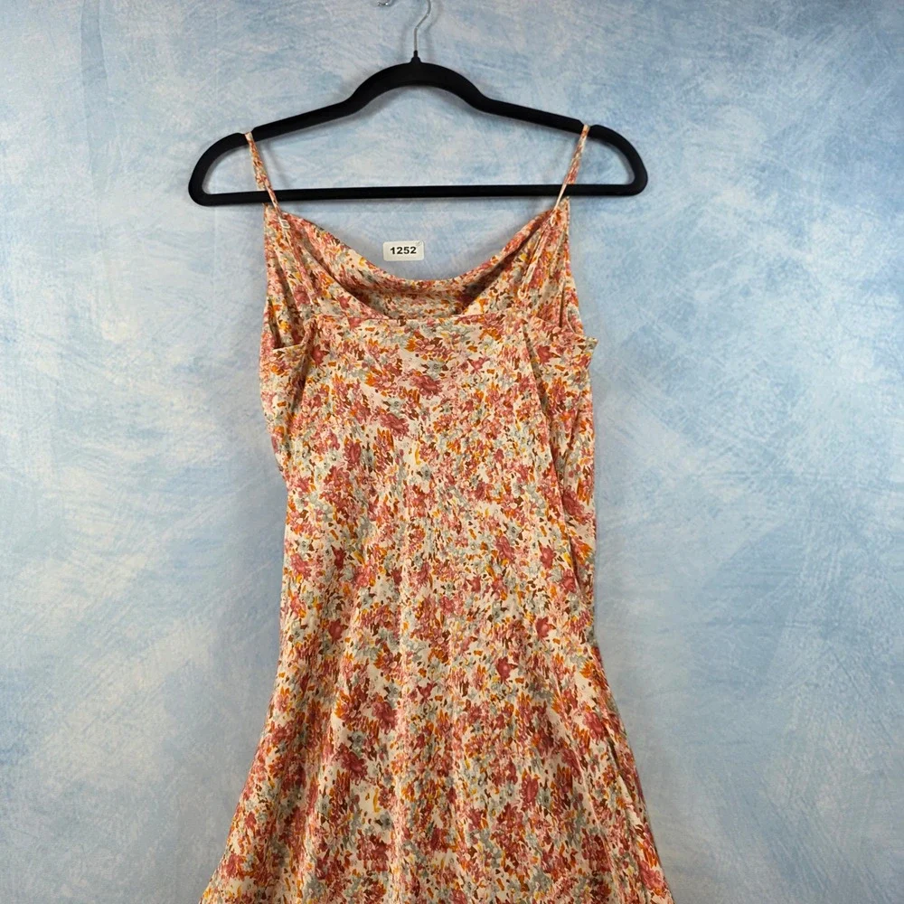 Dex Floral Cowl Neck Midi Slip Dress Pink Orange Small Asymmetrical Hem‎